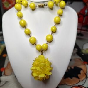 Yellow Beaded Necklace with Floral Pendant